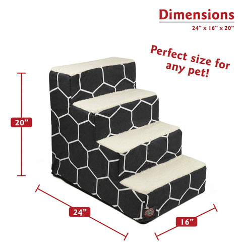 The Majestic Pet Hexo Shapes 4 Steps Pet Stair features a black and white honeycomb design, white tops, and four tiers. Size: 24L x 16W x 20H—ideal for dogs or cats! Clear measurements make it the perfect fit for any pet.