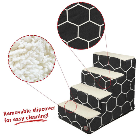 Majestic Pet Hexo Shapes 4 Steps Pet Stair (Heavy-Duty) features a black and white hexagon pattern with soft, white, fluffy treads. Removable slipcover for easy cleaning—ideal stairs for dogs and cats! Close-ups show fabric texture.