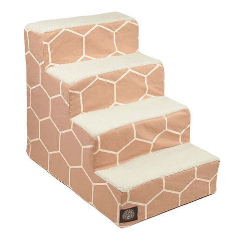 The Majestic Pet Hexo Shapes 4 Steps Pet Stair (Heavy-Duty) features beige and white geometric sides and soft, cream treads, providing a sturdy way for dogs and cats to access higher surfaces.