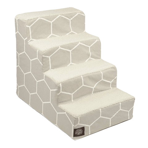 The Majestic Pet Hexo Shapes 4 Steps Pet Stair (Heavy-Duty) features beige and white hexagon-patterned sides and soft cream treads, helping dogs and cats easily reach higher surfaces.