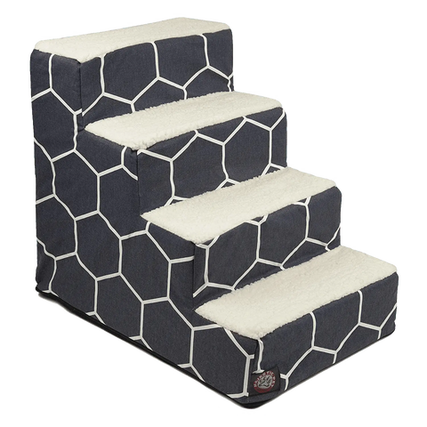 The Majestic Pet Hexo Shapes 4 Steps Pet Stair (Heavy-Duty) features a geometric navy and white hexagon pattern with soft white fleece on each step, helping dogs and cats safely reach higher surfaces.