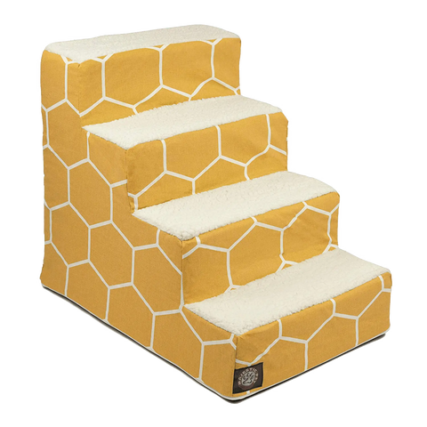 The Majestic Pet Hexo Shapes 4 Steps Pet Stair (Heavy-Duty) features yellow and white honeycomb-patterned sides and soft, textured steps, helping dogs and cats comfortably reach higher places.
