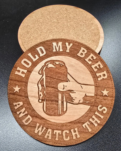 Hold My Beer Hardwood Coaster Set 3.5 Inch Diameter – Laser Cut Barware | Made in USA American Grains LLC 