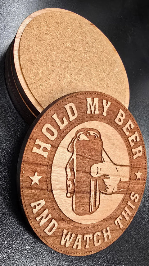 Hold My Beer Hardwood Coaster Set 3.5 Inch Diameter – Laser Cut Barware | Made in USA American Grains LLC 