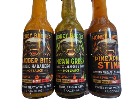 Honey Badger Hot Sauce Trio – 3 Pack 5 fl oz Bottles | Pineapple Sting, Badger Bite & Mean Green | Made in USA Honey Badgers Bee Farm 
