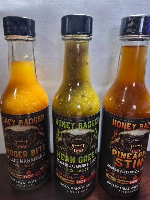 Honey Badger Hot Sauce Trio – 3 Pack 5 fl oz Bottles | Pineapple Sting, Badger Bite & Mean Green | Made in USA Honey Badgers Bee Farm 