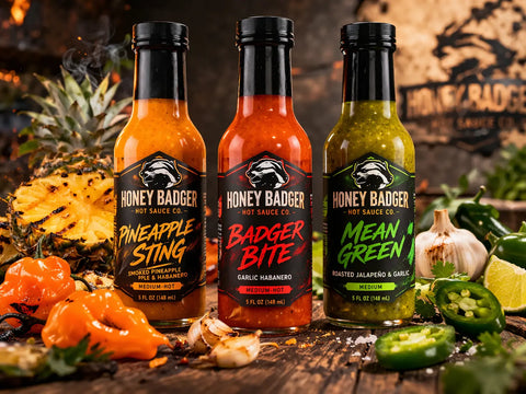 Honey Badger Hot Sauce Trio – 3 Pack 5 fl oz Bottles | Pineapple Sting, Badger Bite & Mean Green | Made in USA Honey Badgers Bee Farm 