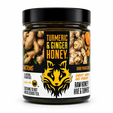 Honey Badgers Turmeric Ginger Infused Raw Honey 16oz – Natural Wellness Blend | Made in USA Honey Badgers Bee Farm  All natural Tea