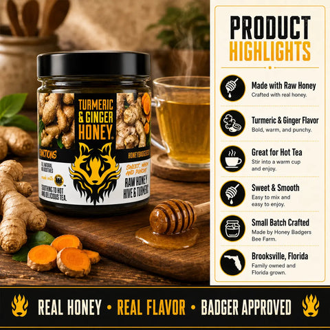 Honey Badgers Turmeric Ginger Infused Raw Honey 16oz – Natural Wellness Blend | Made in USA Honey Badgers Bee Farm  All natural Tea