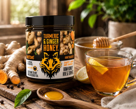 Honey Badgers Turmeric Ginger Infused Raw Honey 16oz – Natural Wellness Blend | Made in USA Honey Badgers Bee Farm  All natural Tea