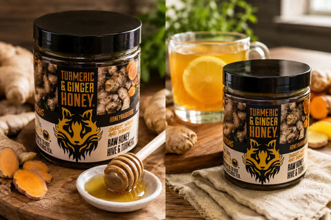 Honey Badgers Turmeric Ginger Infused Raw Honey 16oz – Natural Wellness Blend | Made in USA Honey Badgers Bee Farm  All natural Tea