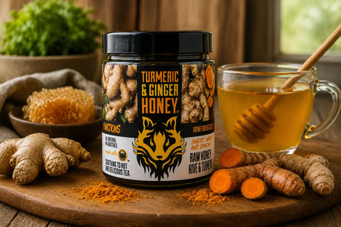 Honey Badgers Turmeric Ginger Infused Raw Honey 16oz – Natural Wellness Blend | Made in USA Honey Badgers Bee Farm  All natural Tea