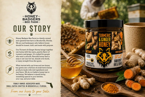 Honey Badgers Turmeric Ginger Infused Raw Honey 16oz – Natural Wellness Blend | Made in USA Honey Badgers Bee Farm  All natural Tea