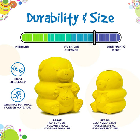 Two yellow Honey Bear EDispenser toys by SodaPup, in large and medium sizes, are shown. A colored bar rates durability from Nibbler to Destrukto dog. Icons highlight its natural rubber and treat dispenser features.