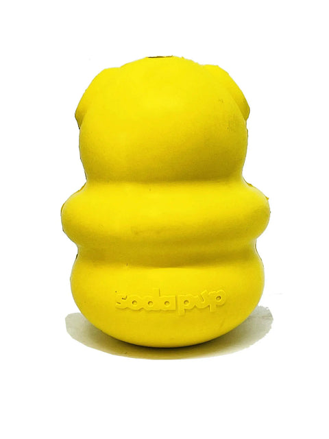 A yellow, beehive-shaped Honey Bear EDispenser Durable Rubber Treat Dispenser by SodaPup is shown against a plain white background, featuring the word sodapup embossed on the lower front and designed as a durable dog chew toy.