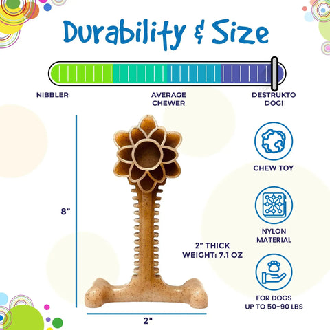 The SodaPup Honey Bone Dental Flower Tower EChew Ultra Durable Nylon Dog Chew Toy - XL is an 8-inch, flower-shaped chew for 50-90 lb “Destrukto Dogs,” with a thick 2-inch base and top durability—perfect power chewer toy.