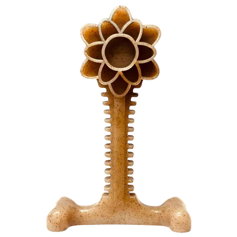 The SodaPup Honey Bone Dental Flower Tower EChew Ultra Durable Nylon Dog Chew Toy - XL is a tan, flower-shaped toy with a textured stem and wide base, designed to promote dental health and provide stability for dogs.