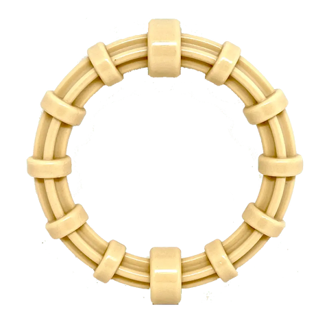 The SodaPup Honey Bone Chicken Flavored Teething Ring is a round beige toy made of two parallel rings and six evenly spaced bands, resembling a vintage bracelet, ideal for power chewers, displayed on a transparent background.