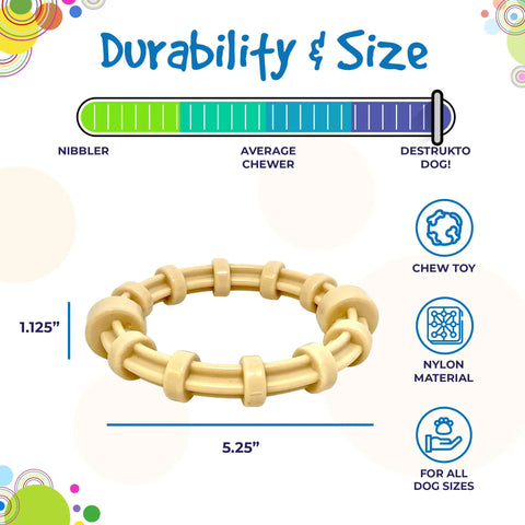 The SodaPup Honey Bone Chicken Flavored Teething Ring is a tan, durable nylon chew toy (1.125 tall x 5.25 wide), perfect for power chewers of any size and rated from nibbler to strong chewer.