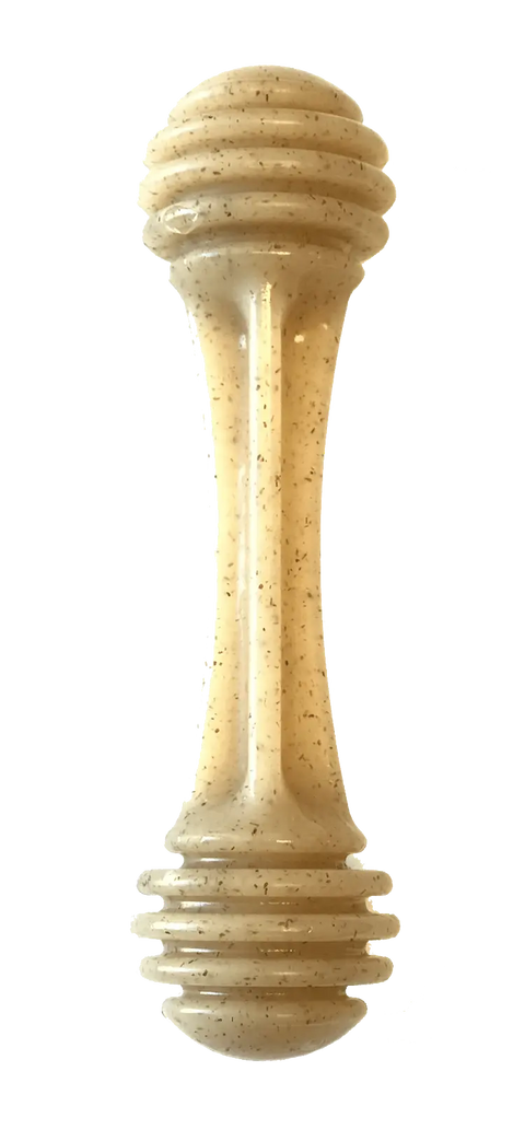 The SodaPup Honey Bone EChew Ultra Durable Nylon Dog Chew Toy is a light brown, double-ended bone with rounded, grooved ends and a smooth center, ideal for power chewers and modeled after a wooden honey dipper.