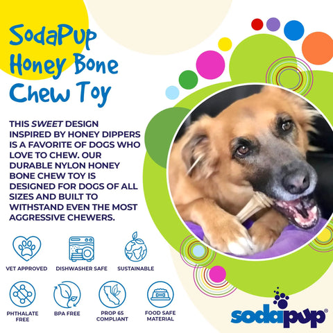 SodaPups Honey Bone EChew Ultra Durable Nylon Dog Chew Toy—veterinarian approved, dishwasher safe, sustainable, phthalate and BPA free, and made in the USA. Shown with a joyful brown dog enjoying the tough chew!.