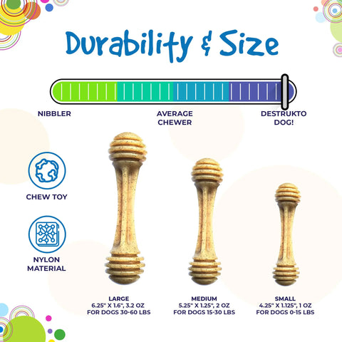 Infographic displays three sizes (small, medium, large) of the SodaPup Honey Bone EChew Ultra Durable Nylon Dog Chew Toy for power chewers, featuring a veterinarian-approved durability scale from Nibbler to Destrukto Dog and weight ranges.