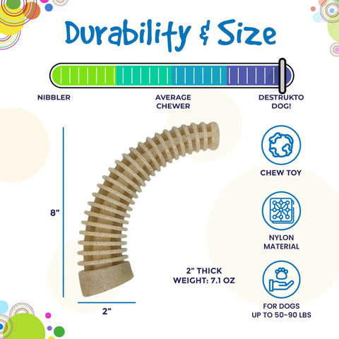The SodaPup Honey Bone Dental Antler EChew Ultra Durable Nylon Dog Chew Toy - XL is an 8" x 2", 7.1 oz curved, ribbed chew for dogs 50–90 lbs, designed for power chewers with a Nibbler to Destrukto Dog durability scale and illustrated icons.