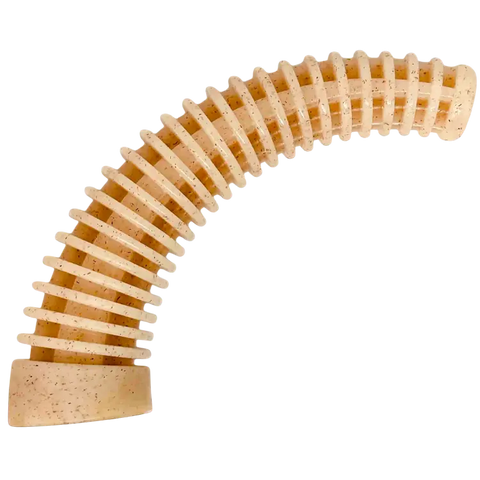 The SodaPup Honey Bone Dental Antler EChew XL is an ultra-durable, beige, ribbed nylon chew toy for power chewers. Its flexible, curved shape resembles a dental antler—perfect for tough dogs and pictured on a plain white background.