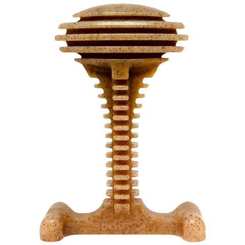 The SodaPup Honey Bone Dental Tower EChew Ultra Durable Nylon Dog Chew Toy - XL features a sculptural, speckled beige design with horizontal grooves for dental health—ideal for aggressive chewers seeking fresher breath.