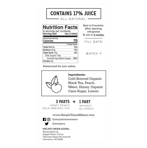 Honey Peach Cold Brewed Organic Tea Mixer 32oz – Natural Cocktail Mixer | Made in USA Simple Times Mixers  32oz Single Bottle
