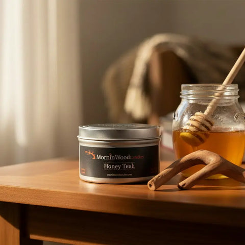Honey Teak Scented Soy Candle Tin 6.5oz – Natural Woodsy Aroma – Handcrafted by MorninWood | Made in USA MorninWood Candles  Candles