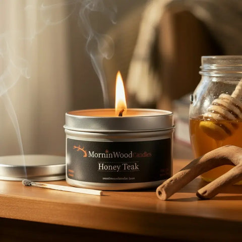 Honey Teak Scented Soy Candle Tin 6.5oz – Natural Woodsy Aroma – Handcrafted by MorninWood | Made in USA MorninWood Candles  Candles