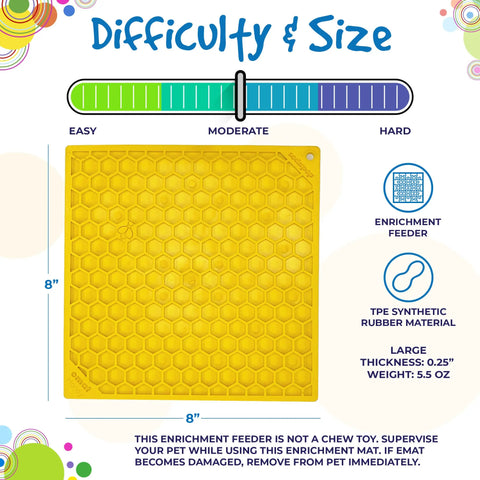 The SodaPup Honeycomb Design Emat Enrichment Lick Mat, a yellow 8x8 TPE synthetic rubber mat, features a honeycomb pattern and moderate difficulty level, providing fun and stimulation for pets during feeding.