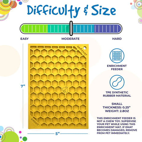 The SodaPup Honeycomb Design Emat Enrichment Lick Mat, in yellow and sized 7x5 inches, is a moderately challenging dog enrichment toy with product details and usage guidelines shown around its honeycomb-patterned surface.