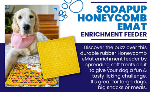 A golden retriever in a pink bandana sits by a yellow SodaPup Honeycomb Design Emat Enrichment Lick Mat on a rug, with text highlighting its benefits as an engaging enrichment toy for dogs.