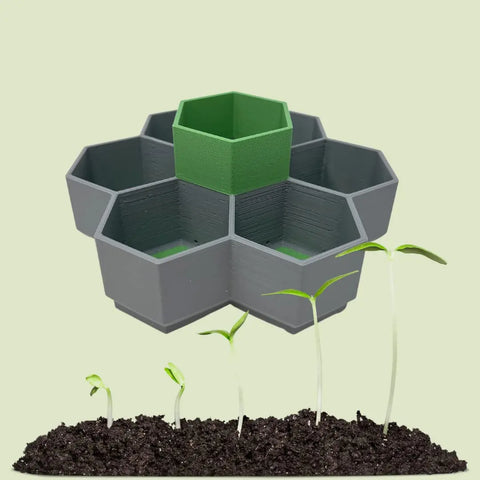 The Chatelet Honeycomb Seed Starter Tray Set by Chatelet Manufacturing features six gray and one green self-watering germination trays, shown above soil with seedlings and a light green background. Made in the USA; reusable for vegetables, flowers, or microgreens.