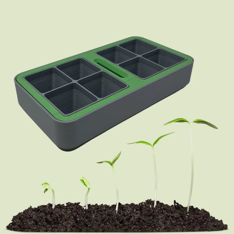 The Chatelet Honeycomb Seed Starter Tray Set by Chatelet Manufacturing features six reusable self-watering trays, shown in black and green above four seedlings sprouting from dark soil on a light green background.