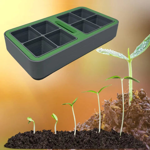 The Chatelet Honeycomb Seed Starter Tray Set by Chatelet Manufacturing, featuring six reusable self-watering trays for vegetables, flowers, or microgreens, is shown above young seedlings sprouting from rich soil against a warm backdrop.