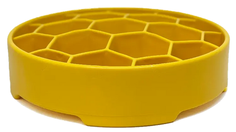The SodaPup Honeycomb Design EBowl Enrichment Slow Feeder Bowl for Dogs features a yellow, beehive-inspired grid top and smooth sides to slow eating and promote healthy mealtime.
