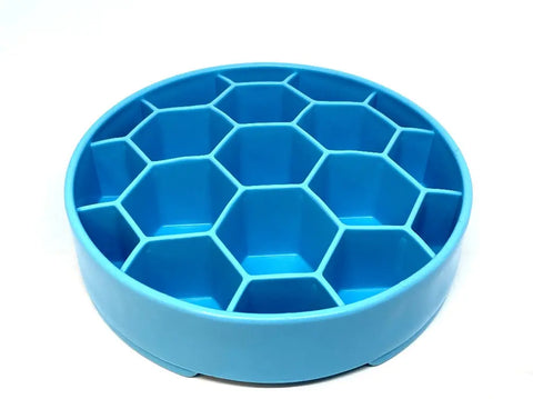 The SodaPup Honeycomb Design EBowl Enrichment Slow Feeder Bowl for Dogs is a round blue plastic tray with hexagonal compartments, designed to promote slower eating. Shown on a white background.