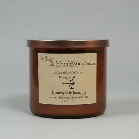 Honeysuckle Jasmine 17oz 3-Wick Soy Candle – Natural Home Fragrance in Blown Glass Jar | Made in USA MorninWood Candles  3 Wick Candle