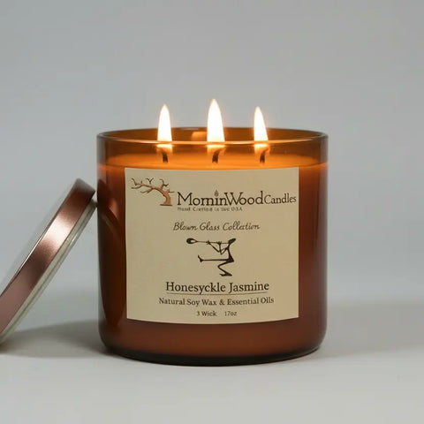 Honeysuckle Jasmine 17oz 3-Wick Soy Candle – Natural Home Fragrance in Blown Glass Jar | Made in USA MorninWood Candles  3 Wick Candle