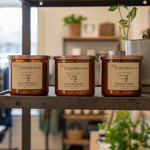 Honeysuckle Jasmine 17oz 3-Wick Soy Candle – Natural Home Fragrance in Blown Glass Jar | Made in USA MorninWood Candles  3 Wick Candle