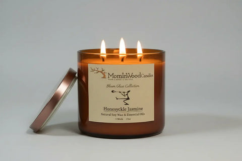 Honeysuckle Jasmine-Soy 3-Wick Blown Glass Collection MorninWood Candles  3 Wick Candle