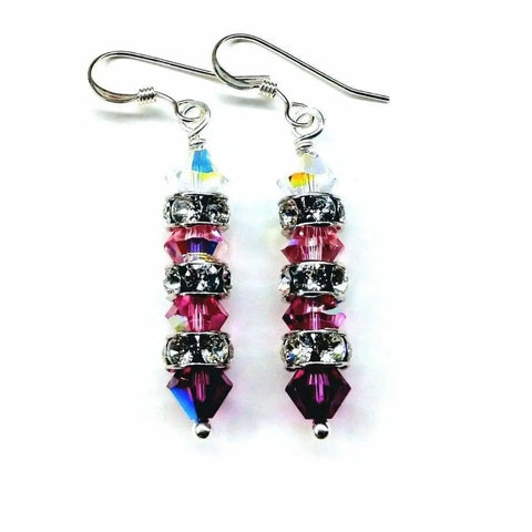 The Alexa Martha Designs Hot Pink Ombre Stacked Crystal Sterling Silver Earrings feature pink, purple, and clear crystal beads with silver rhinestone spacers on sterling silver hooks.
