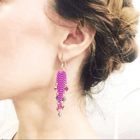 Hot Pink Tassel Chain Earrings with Swarovski Crystals – Handmade Jewelry | Made in USA Alexa Martha Designs  Earrings