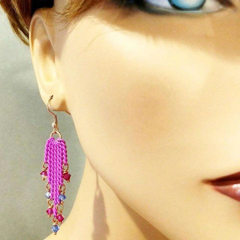 Hot Pink Tassel Chain Earrings with Swarovski Crystals – Handmade Jewelry | Made in USA Alexa Martha Designs  Earrings