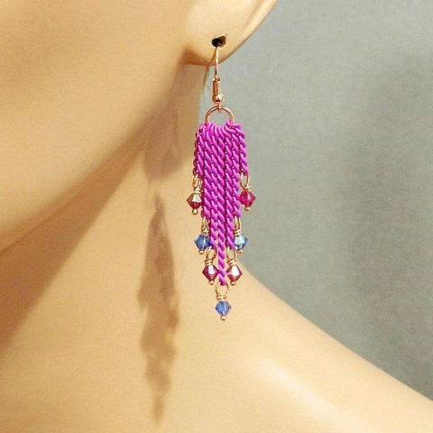 Hot Pink Tassel Chain Earrings with Swarovski Crystals – Handmade Jewelry | Made in USA Alexa Martha Designs  Earrings