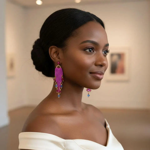 Hot Pink Tassel Chain Earrings with Swarovski Crystals – Handmade Jewelry | Made in USA Alexa Martha Designs  Earrings