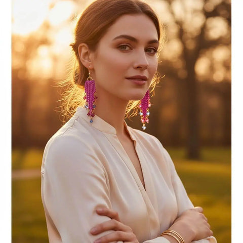Hot Pink Tassel Chain Earrings with Swarovski Crystals – Handmade Jewelry | Made in USA Alexa Martha Designs  Earrings